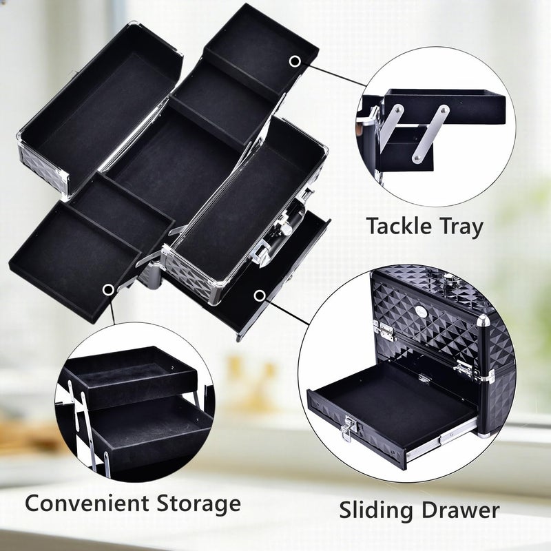 Joligrace Makeup Train Cases Professional Travel Makeup Cosmetic Cases Organizer Portable Box with Drawer Black - Image 5